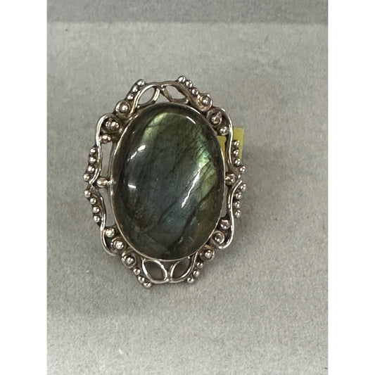 Vintage Large Blue Green Labradorite Stone Silver Ring Size 5 3/4