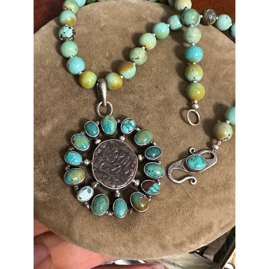 Amazing 8mm Beaded Turquoise Necklace with Silver Turquoise Ancient Coin Pendant