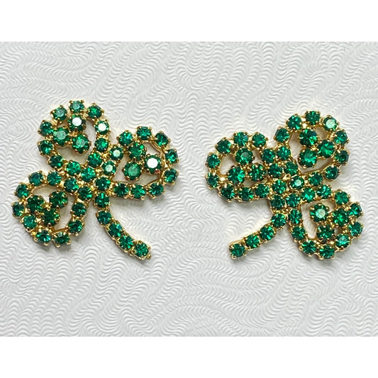 Vintage Large Goldtone Green Rhinestone SHAMROCK Pierced Earrings