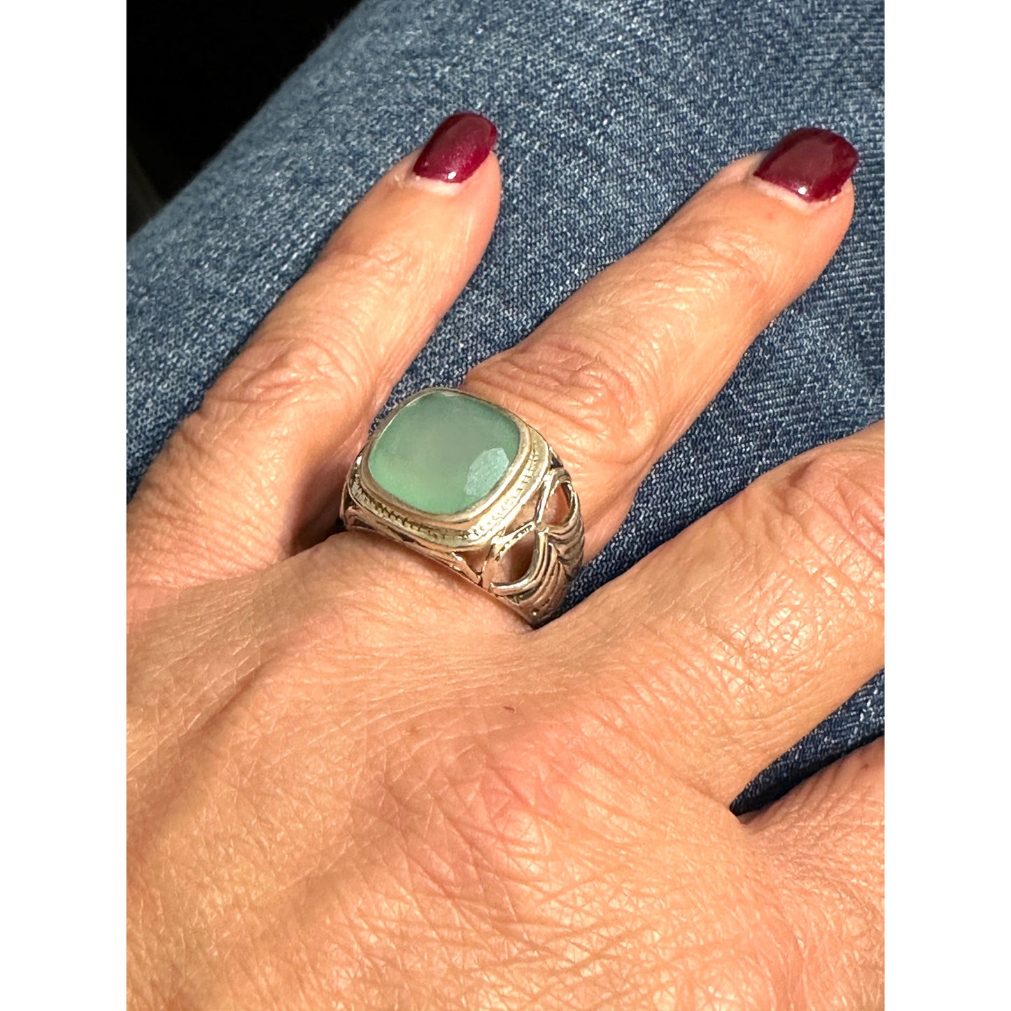 Chunky Sterling Silver Green Chalcedony Ring Size 8.5