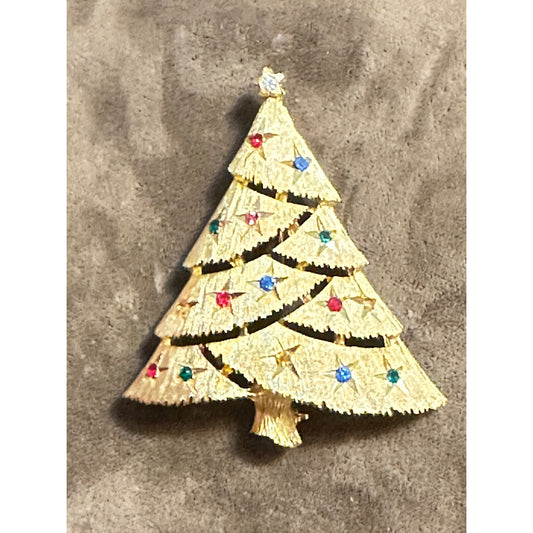 Vintage Goldtone Rhinestone Christmas Tree Pin Signed JJ