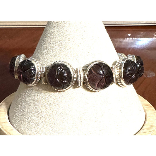Vintage Sterling Silver Multicolor Molded Glass Dome Shaped Stones Link Bracelet 8"