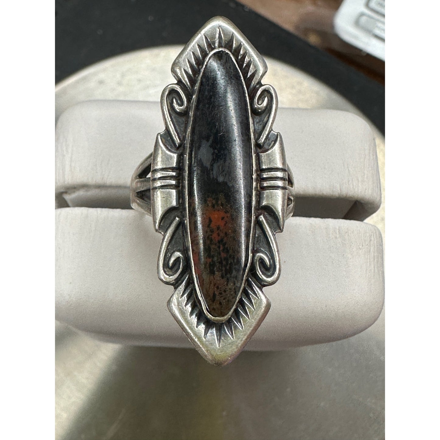 Sterling Silver Oblong Stamp Work Grey and Orange Oval Cabochon Stone Ring Size 5.5