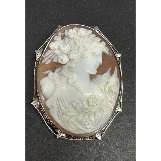 Large 14k White Gold Filigree Large Carved Shell Cameo Eyes Closed Pin/ Pendant