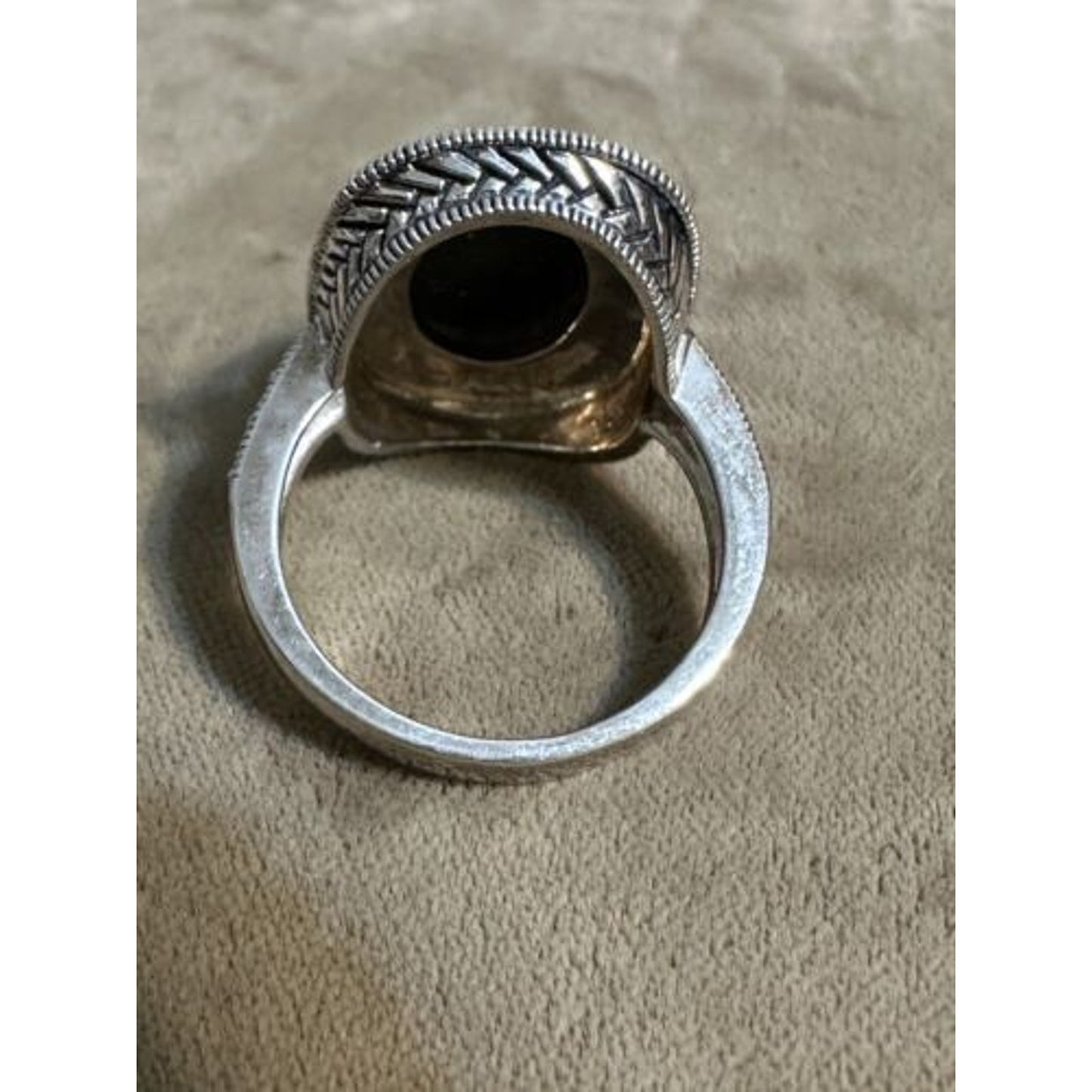 Sterling Silver Marcasite Faceted Onyx Ring Size 9
