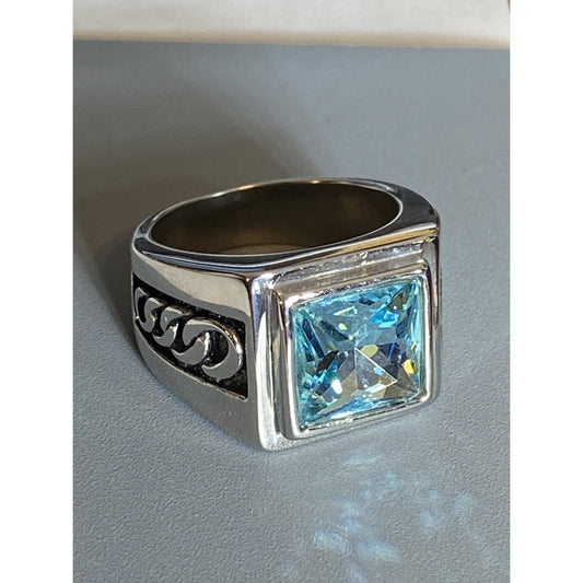 Mens Stainless Steel Blue Topaz Ring Size 9