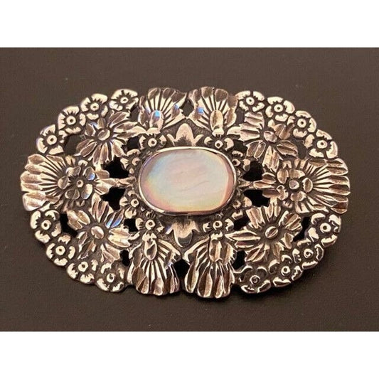 Vintage Sterling Silver Floral Repousse MOP Pin/ Pendant