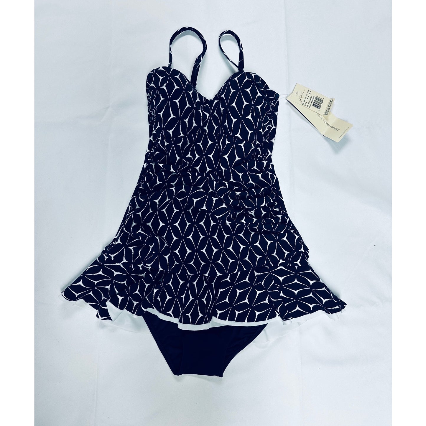 $157 Profile By Gottex Women's Blue Geometric Print Swimdress Swimsuit Size 6