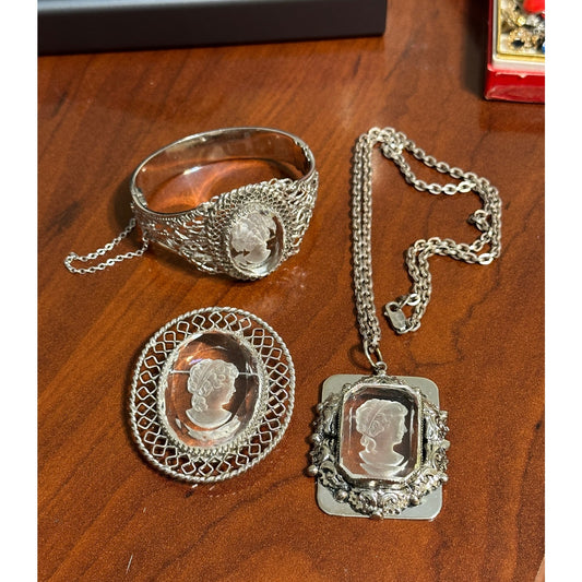 Vintage Whiting & Davis Silvertone Glass Cameo Necklace, Bracelet & Brooch