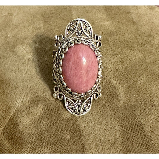 Signed DGS Turkey Sterling Silver 925 Pink Rhodonite Oval Filigree Ring Size 6