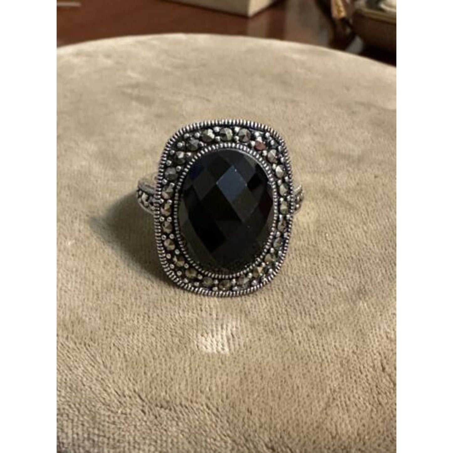 Sterling Silver Marcasite Faceted Onyx Ring Size 9