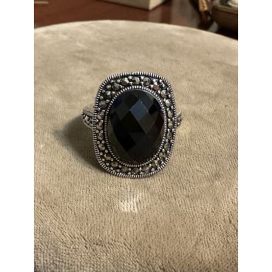Sterling Silver Marcasite Faceted Onyx Ring Size 9