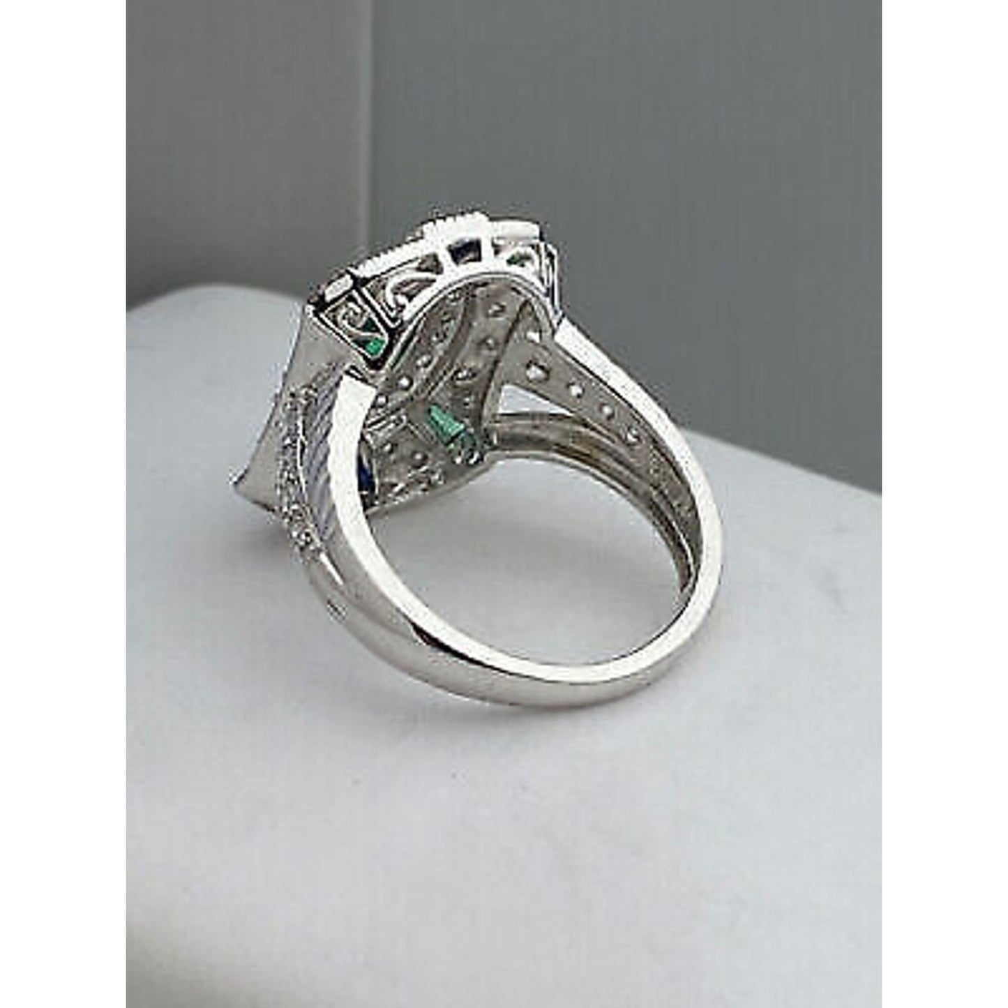Sterling Silver Green Clear and Blue Stone ART DECO Style Ring Sz 7.25