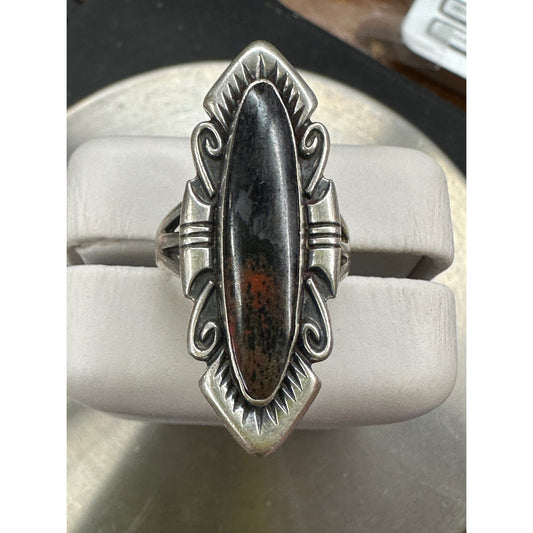 Sterling Silver Oblong Stamp Work Grey and Orange Oval Cabochon Stone Ring Size 5.5