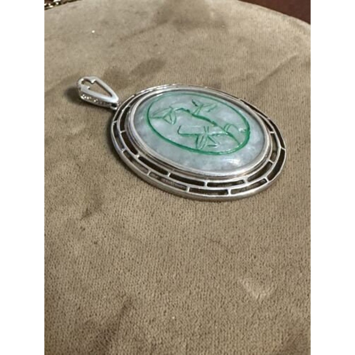 Sterling Silver Oval Jade Carved Bamboo Pendant
