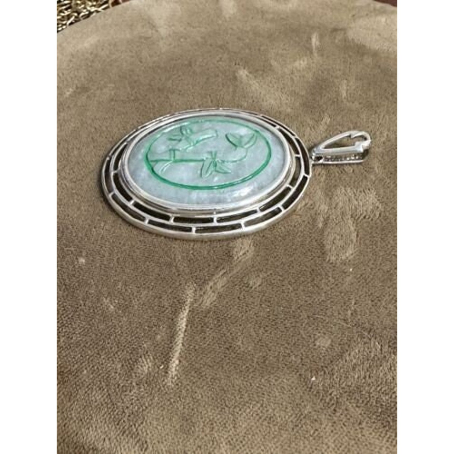 Sterling Silver Oval Jade Carved Bamboo Pendant