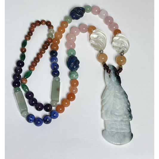 Long Multi Gemstone Beaded Lapis Tiger Eye Quartz Jade Necklace w/ Large Jade Figural Pendant