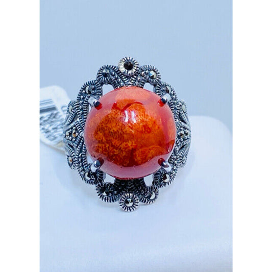 Big Bold Sterling Silver Marcasite Orange Jasper Ring Size 9 3/4 Ring