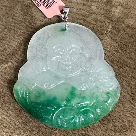 Chinese Export Carved Jade Happy Buddha Pendant -  Translucent Moss on Snow