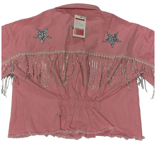 Barbie Style Bubblegum Pink Denim Triple Star Rhinestone Tassels Crop Jacket M. NWT