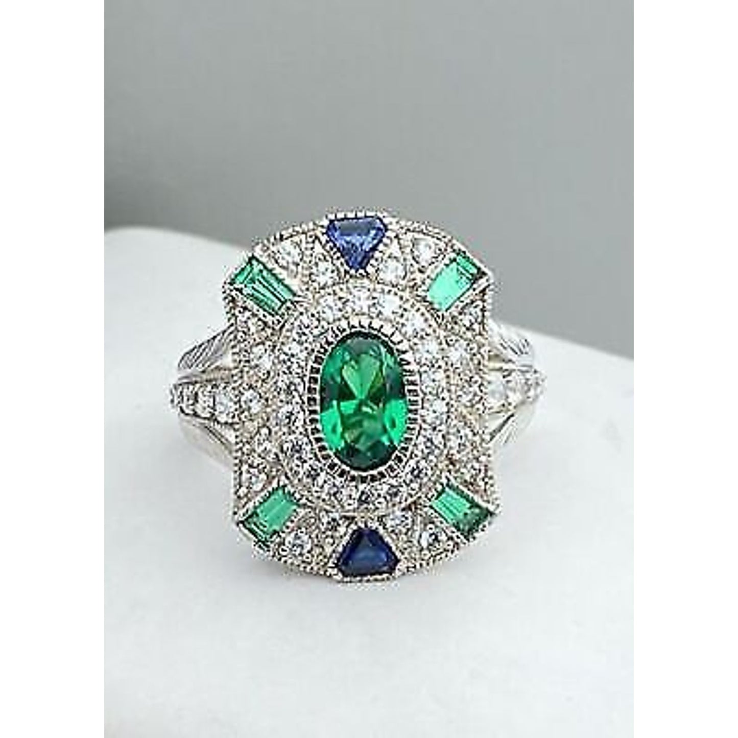 Sterling Silver Green Clear and Blue Stone ART DECO Style Ring Sz 7.25