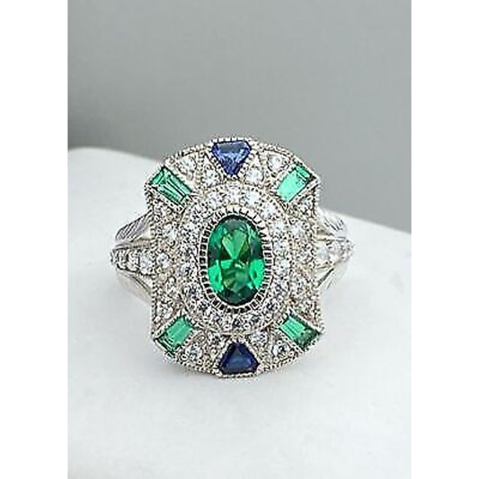 Sterling Silver Green Clear and Blue Stone ART DECO Style Ring Sz 7.25