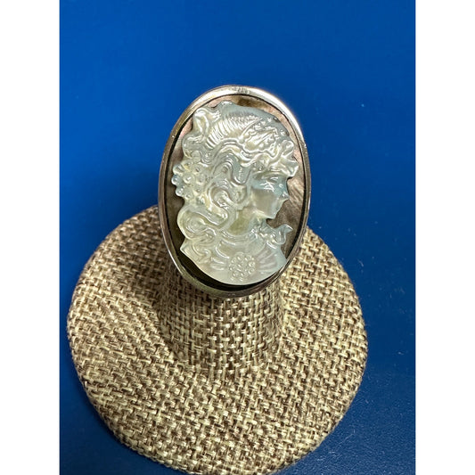Sterling Silver Wide Large MOP Carved Cameo Ring Size 6