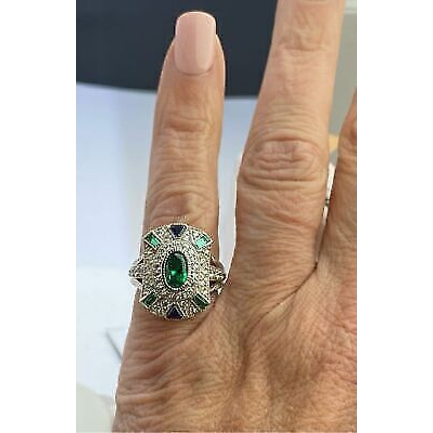 Sterling Silver Green Clear and Blue Stone ART DECO Style Ring Sz 7.25