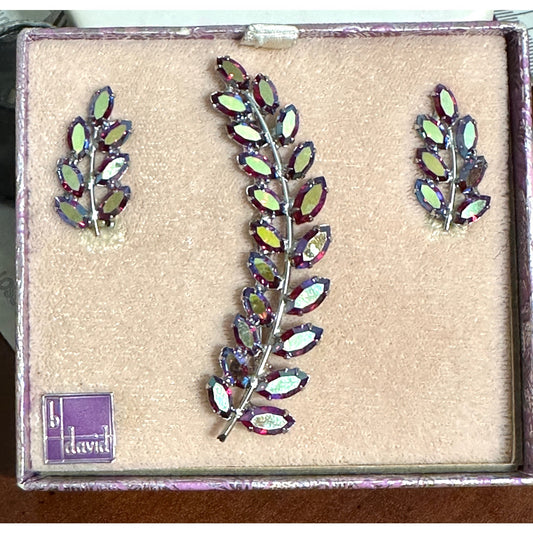 Vintage B David Red Aurora Borealis Brooch & Earrings Set.