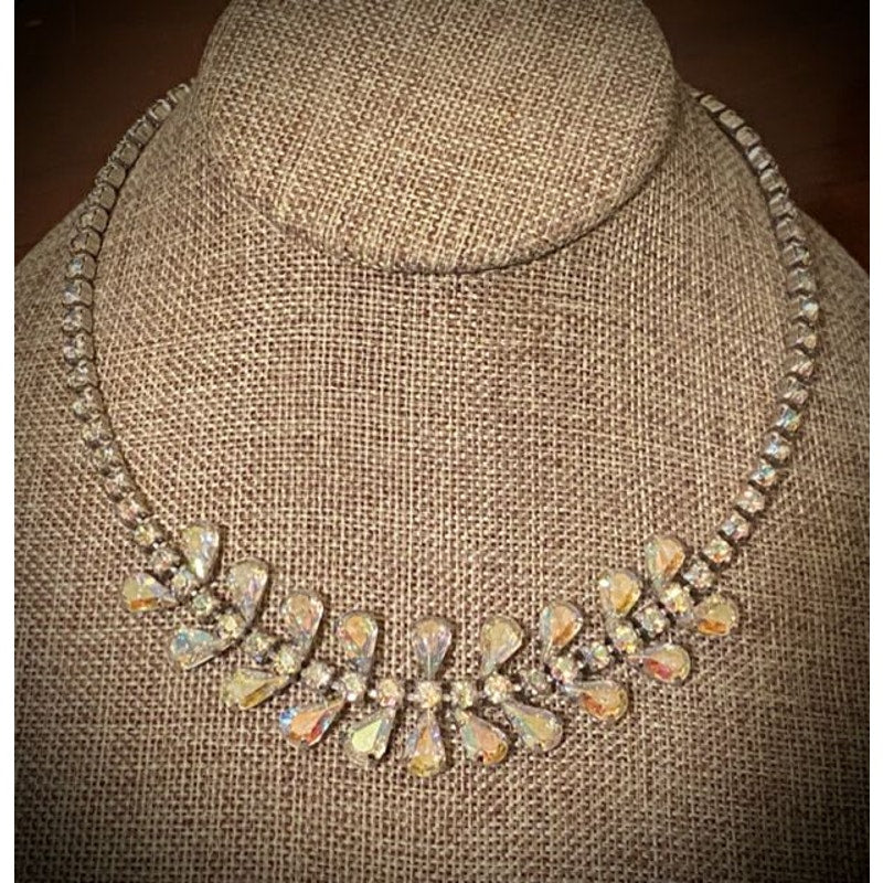 Vintage Aurora Borealis Rhinestone B. David Silvertone Necklace